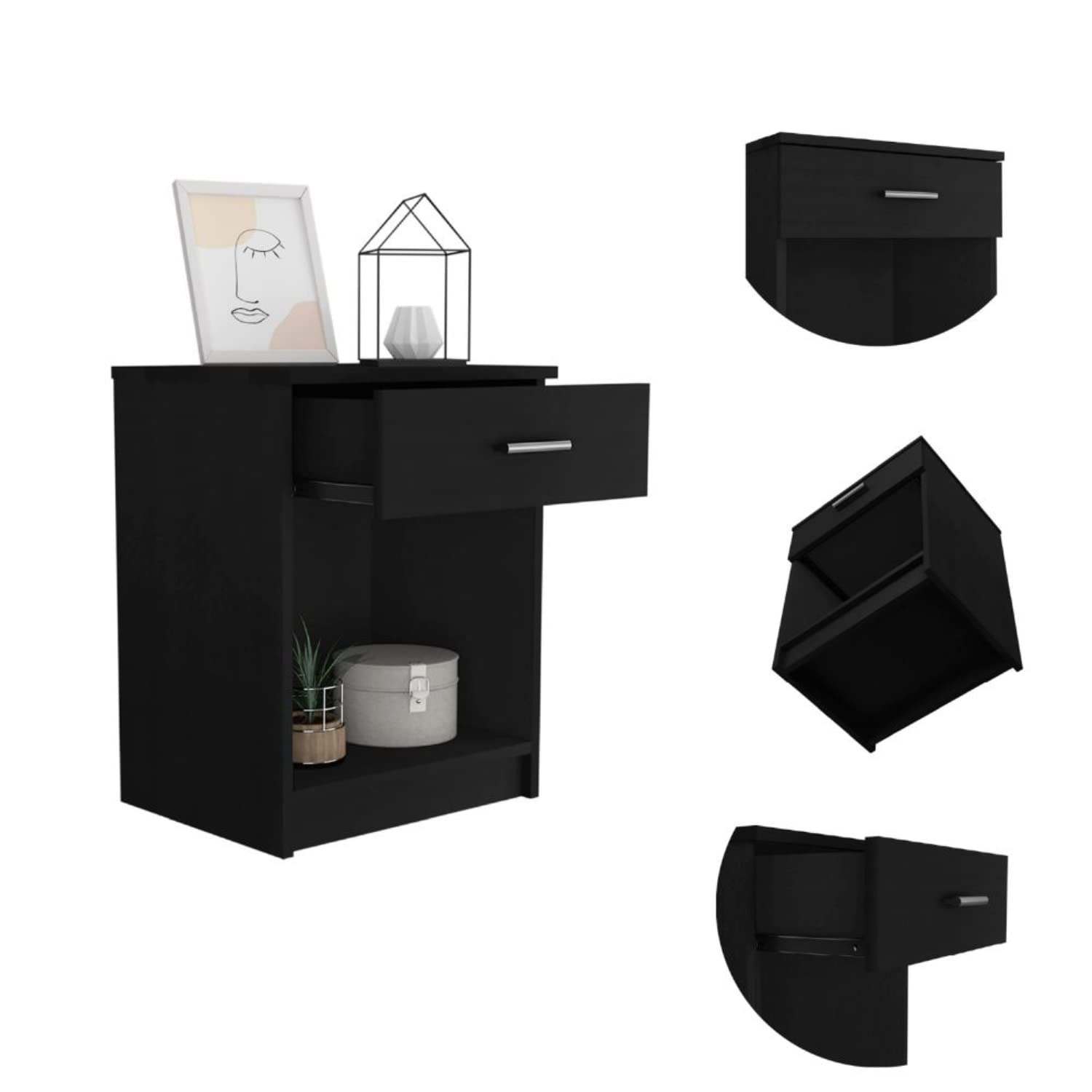 Nightstand 21&Quot; H, 1 Drawer, Low Shelf, Superior Top, Black